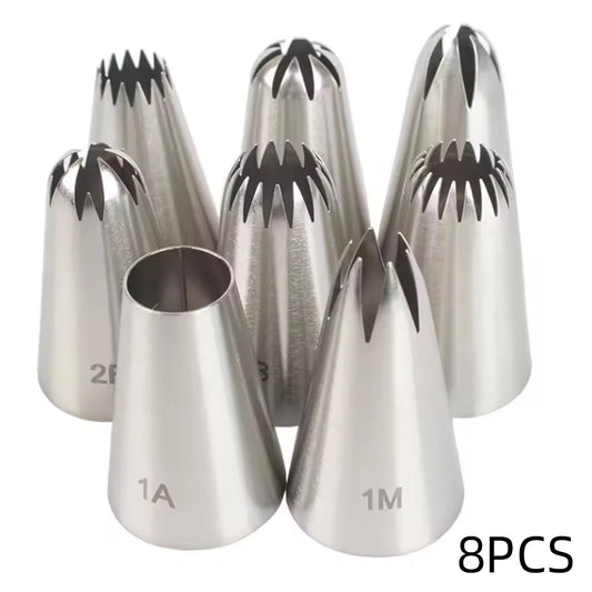 8pcs Piping Nozzles Set Stainless Steel Icing Nozzles Cream Cake Piping Tips For Dessert Biscuit Cup Cake Kitchen Accessories