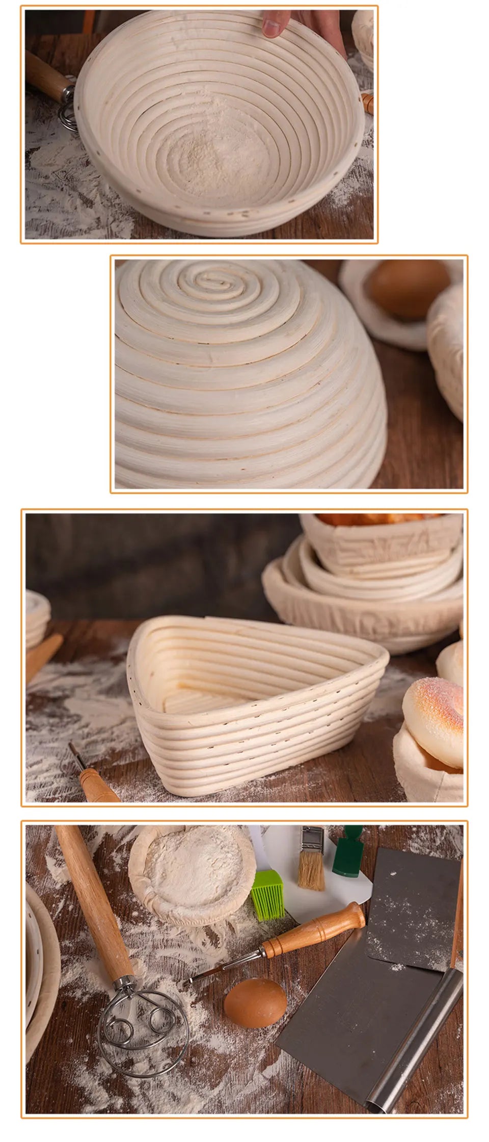 Oval/Round Bread Rattan Fermentation Basket Handmade Rattan Wicker Baking Bowl Baking Tools Set Kitchen Tool for Home Bakers