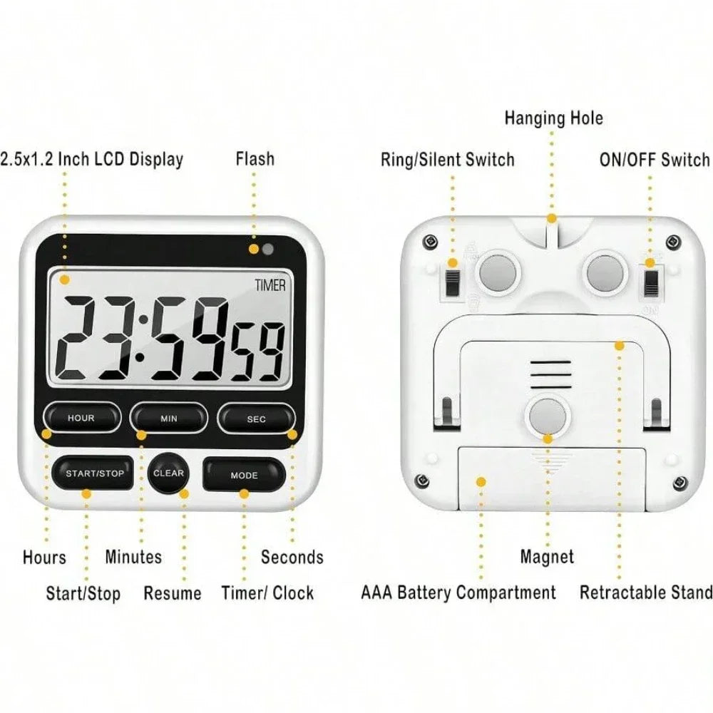 LCD Display Digital Kitchen Timer with Mute/Loud Alarm Switch ON/Off Switch 24 Hour Clock Alarm for Kids Teachers Cooking