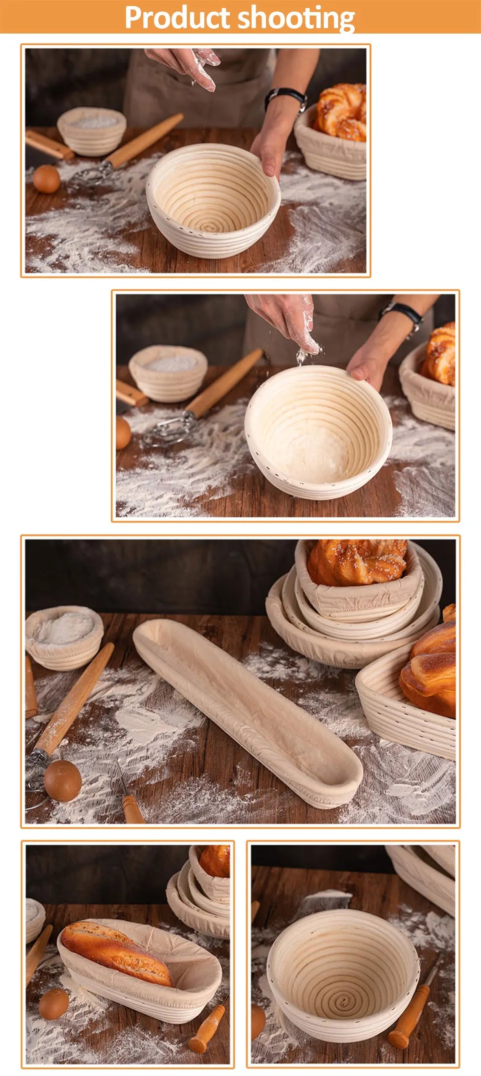 Oval/Round Bread Rattan Fermentation Basket Handmade Rattan Wicker Baking Bowl Baking Tools Set Kitchen Tool for Home Bakers