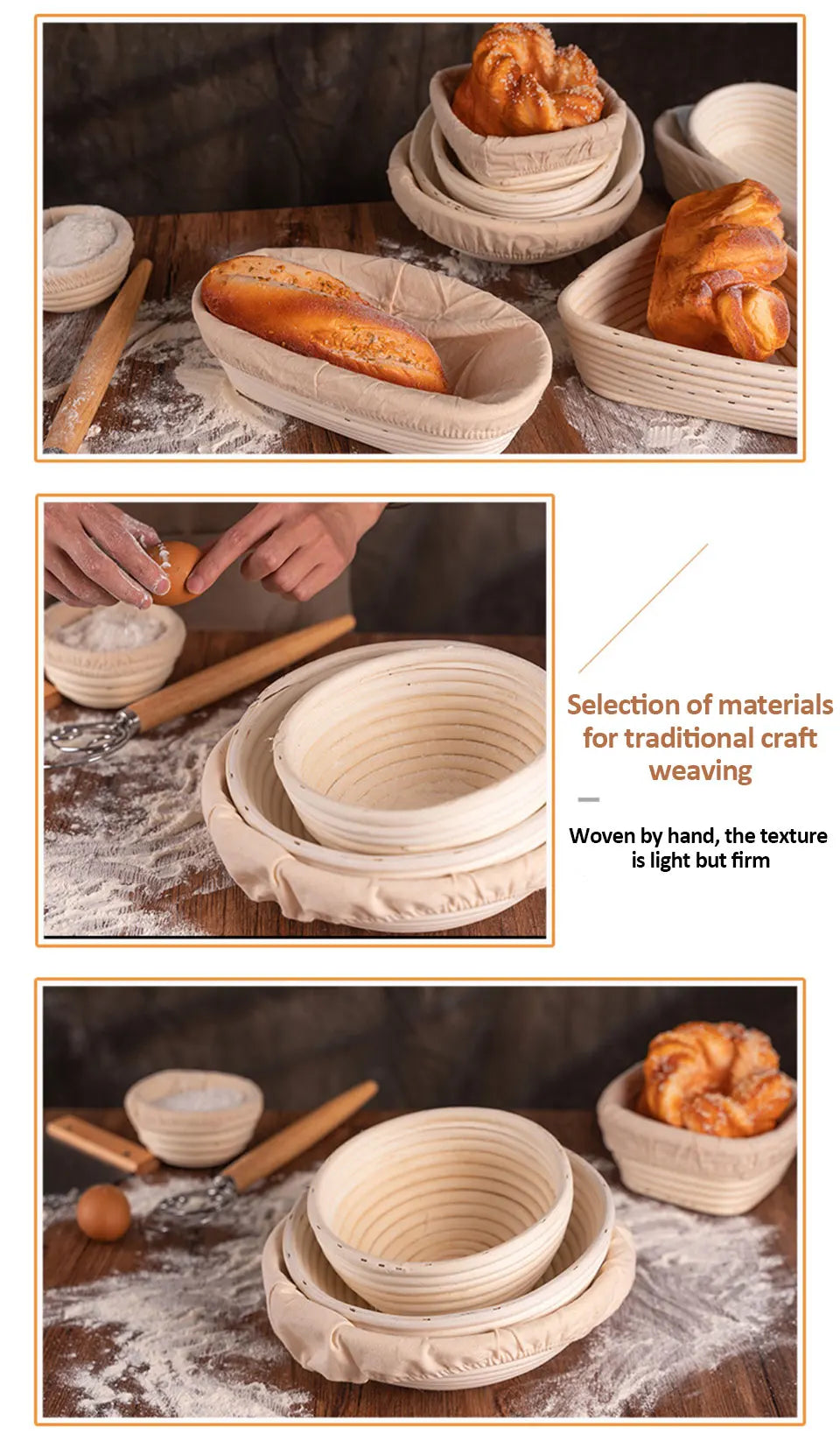 Oval/Round Bread Rattan Fermentation Basket Handmade Rattan Wicker Baking Bowl Baking Tools Set Kitchen Tool for Home Bakers